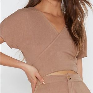 NASTY GAL BEIGE WRAP CROP TOP